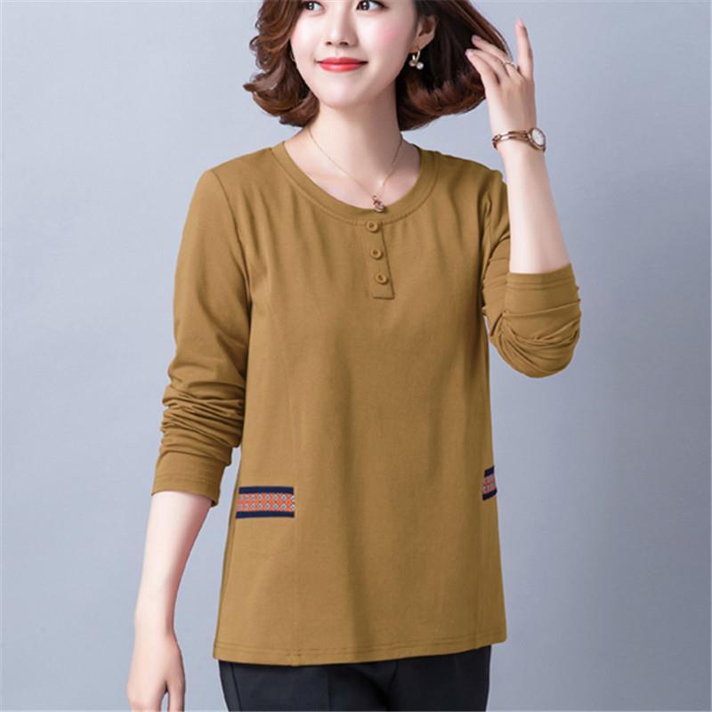Áo thun cotton cổ tròn tay dài plus size cho phụ nữ trung niên