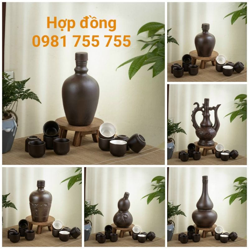 Vò gốm kèm 10 chén,,bình đựng rượu 500ml,nậm rượu Bát Tràng cao cấp