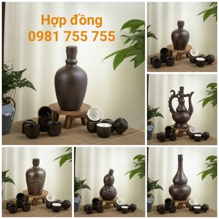 Vò gốm kèm 10 chén,,bình đựng rượu 500ml,nậm rượu Bát Tràng cao cấp