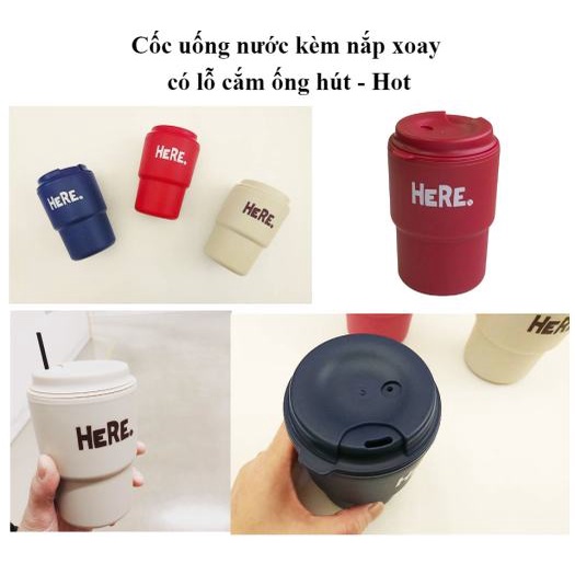 Cốc uống cafe, uống nước 2 lớp giữ nhiệt kèm nắp xoay có lỗ cắm ống hút 320ml hàng nội địa Nhật