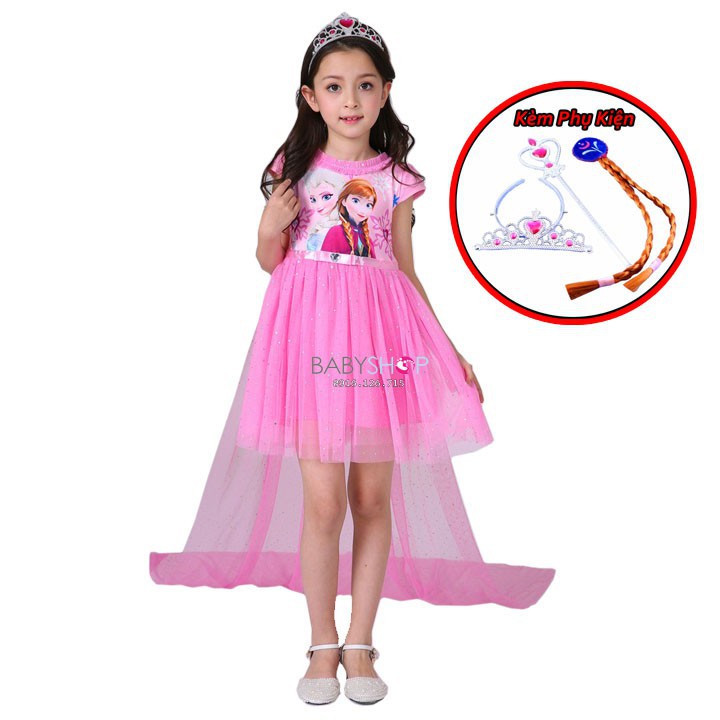 Váy công chúa Elsa có Vương miện, Đũa phép, Bím Tóc. Đầm Elsa tà dài màu hồng cho bé.