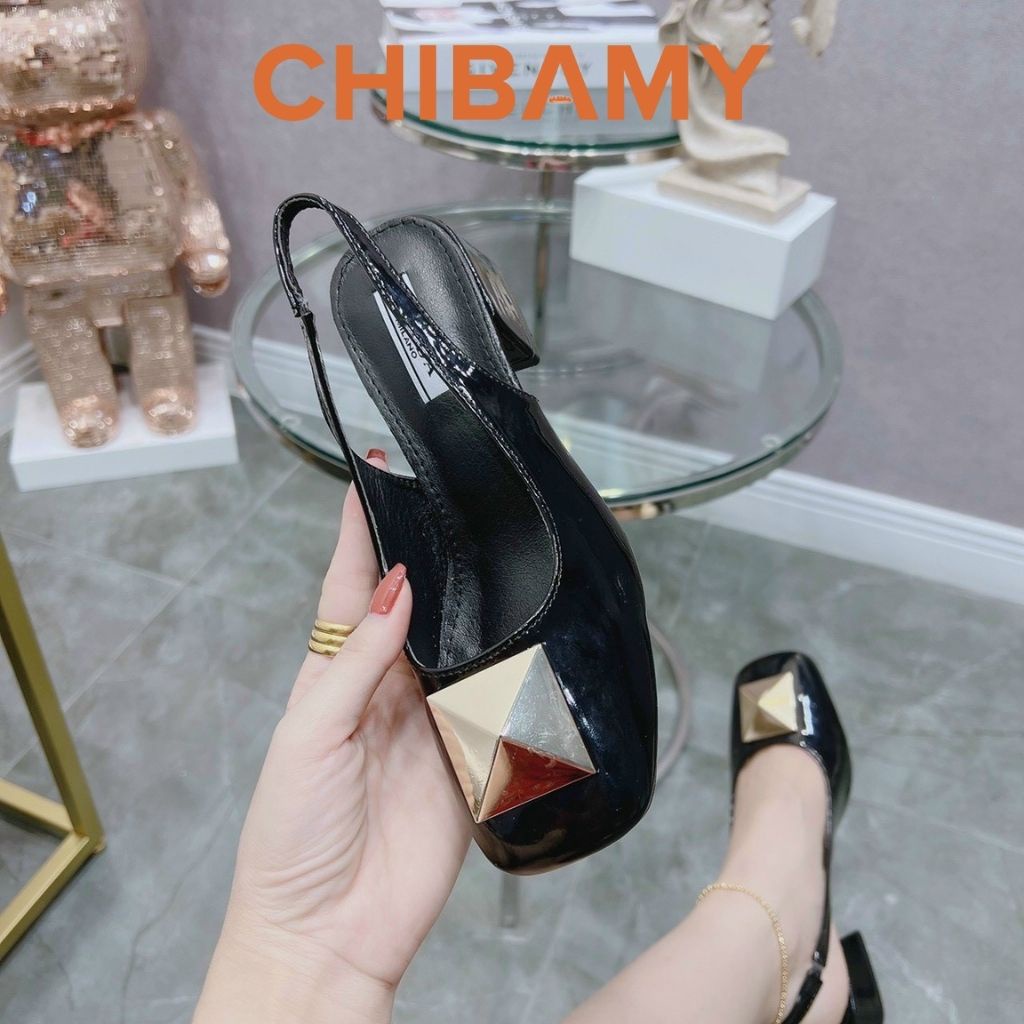 Giày cao gót nữ đính đá kim loại vuông KIM TỰ THÁP, giày bít mũi CHIBAMY cao 3cm