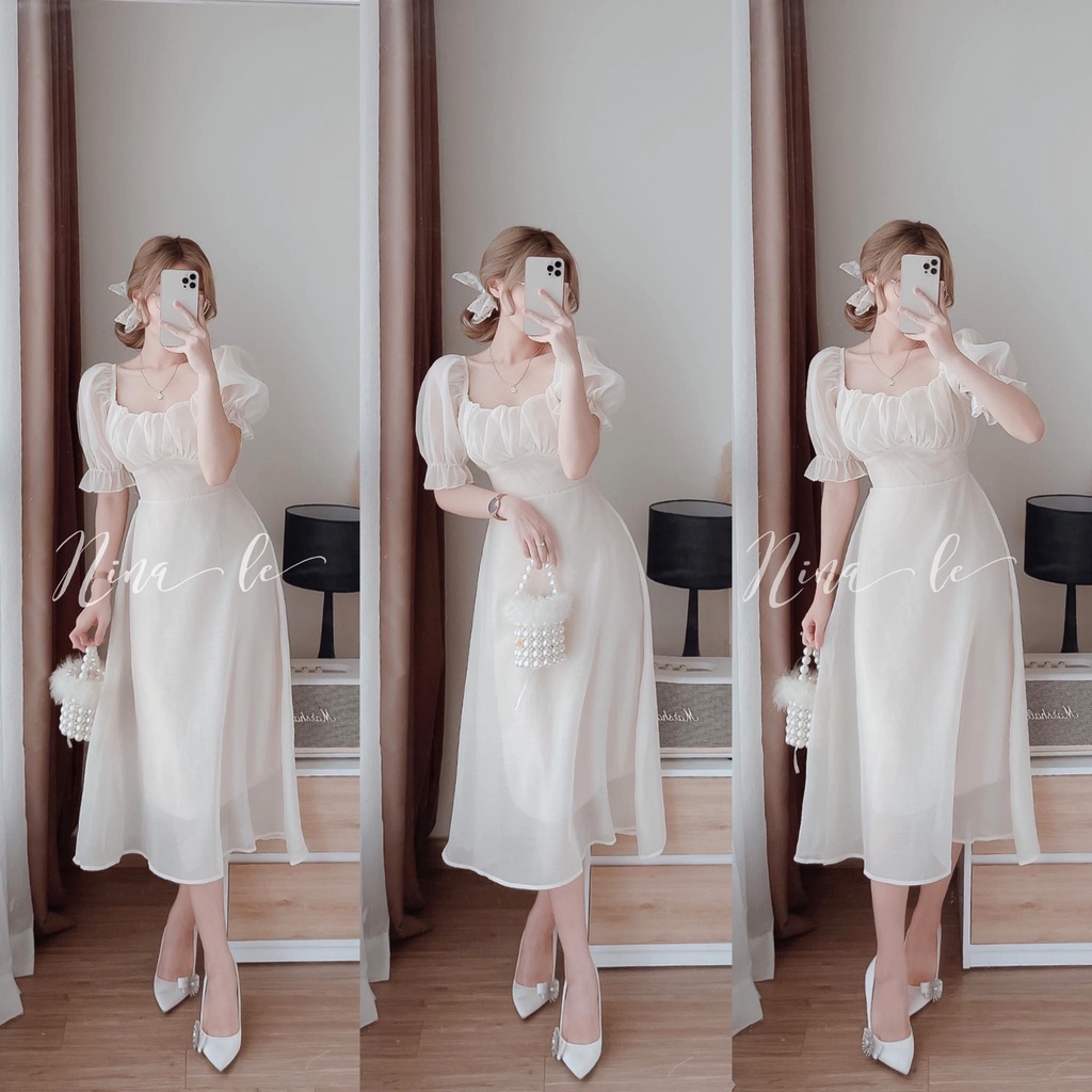 Đầm Nữ Voan Xếp Ly Ngực Tay Phồng Váy Nữ Thắt Dây Sau Lưng Hai Lớp Siêu Đẹp