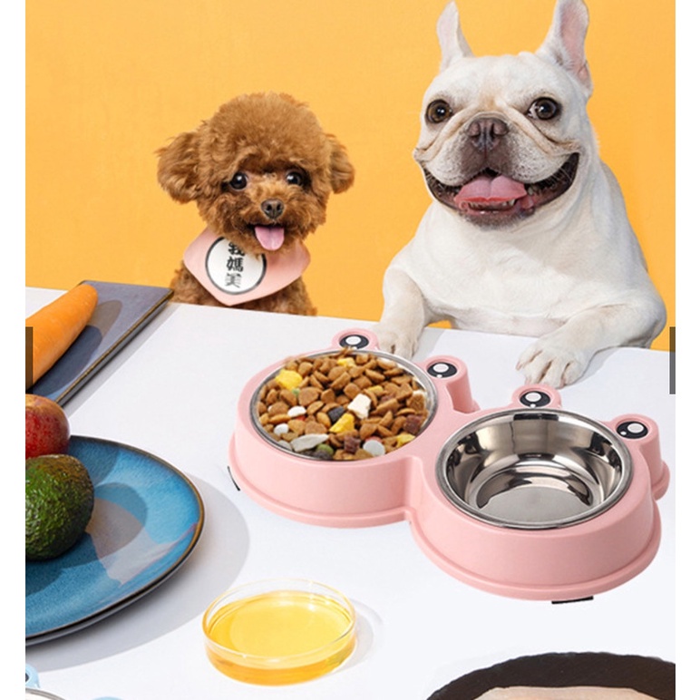 Ship hỏa tốc - Bát ăn đôi inox cho thú cưng hình con ếch ngộ nghĩnh, có đế cao su chống trượt