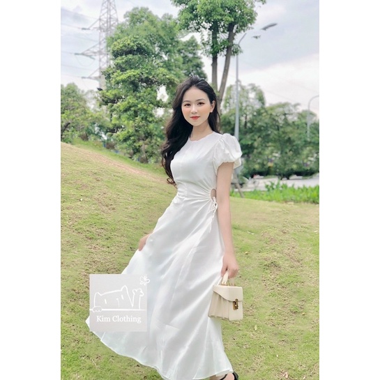 ĐẦM MIDI 4 MẢNH RÚT EO HÔNG CỔ TRÒN 3 MÀU