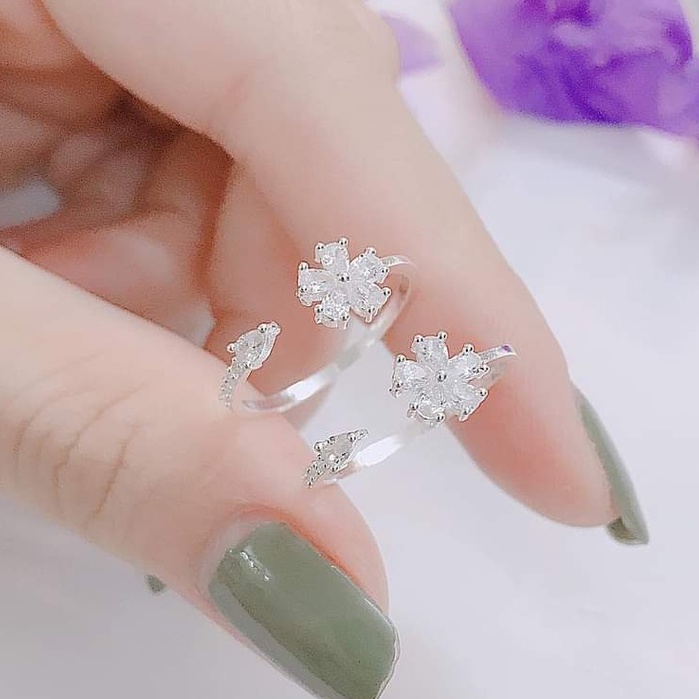Nhẫn bạc nhẫn Hoa nhỏ nạm đá trắng Van Jewelry V10015 tự điều chỉnh size tay