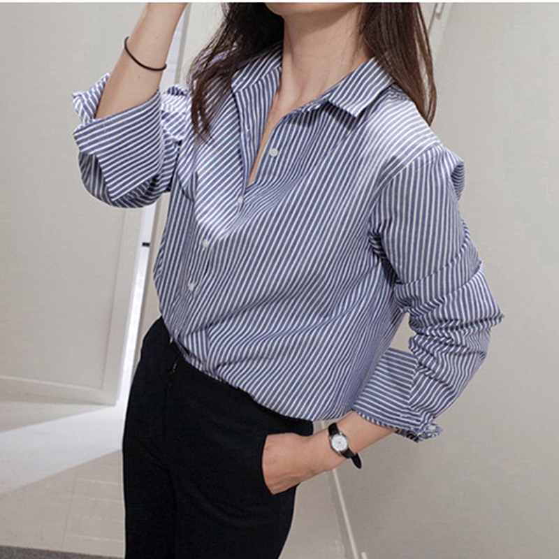 Áo Sơ Mi Dài Tay Cổ Chữ V Sọc Vằn Thời Trang Hàn Quốc Cho Nữ