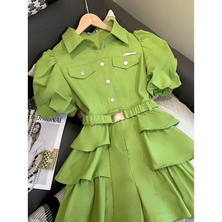 Bộ Áo Liền Quần Ngắn Tay Lưng Cao Nhún Bèo Màu Xanh Bơ Thời Trang Mùa Hè Xinh Xắn Cho Nữ