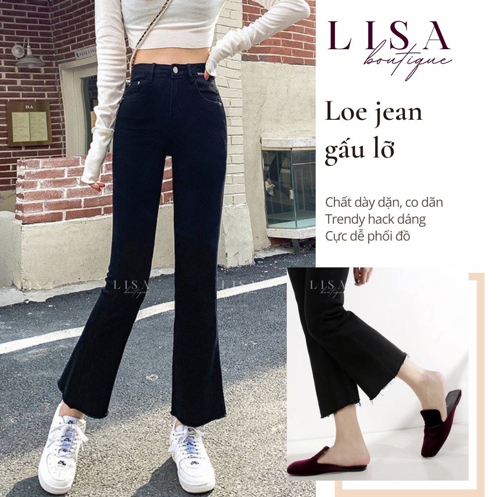 Quần bò loe LISA ống vẩy lửng, chất jeans co dãn 4 chiều, cạp cao đen FREESHIP TẶNG QUÀ 0đ | BigBuy360 - bigbuy360.vn