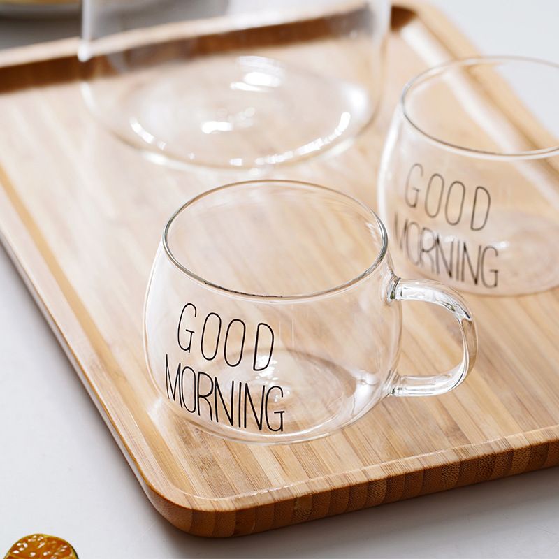Cốc Thủy Tinh Good Morning Tròn Bầu Uống Nước Chịu Nhiệt Có Quai Cầm 320ml