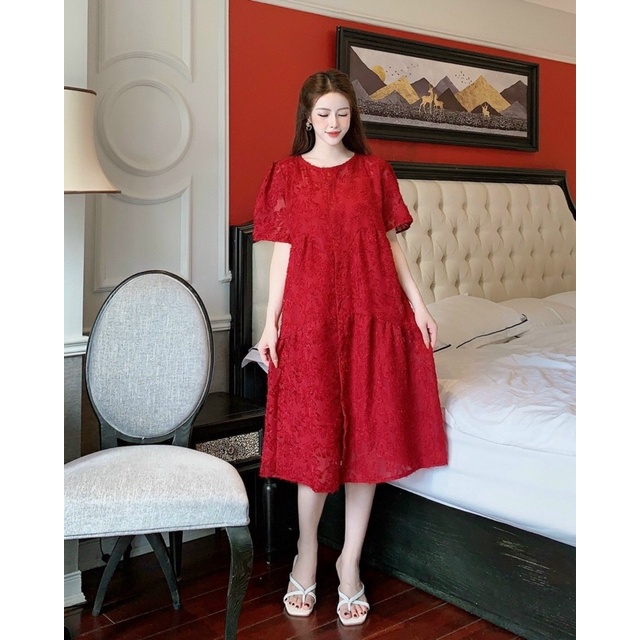 Váy đầm bầu mùa hè Mitamum cộc tay công sở ren pha lông mịn babydoll thiết kế cao cấp