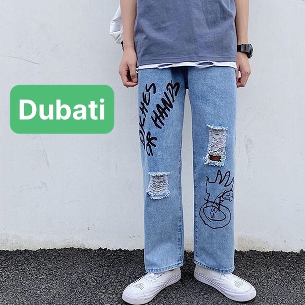 Quần jean bò baggy ống suông rộng Unisex họa tiết bàn tay rách, quần jean nam thoáng mát- DB 59- DUBATI FASHION