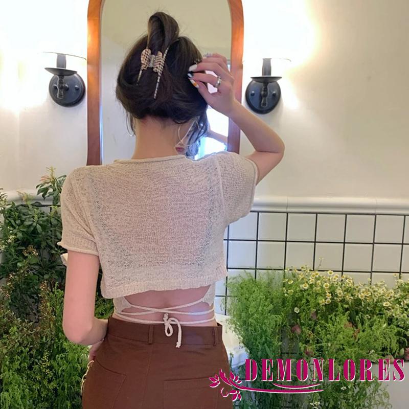 Áo Croptop Dệt Kim Mỏng Tay Ngắn Cổ Tròn Màu Trơn Phối Dây Buộc Sau Lưng Thời Trang Mùa Hè Cho Nữ