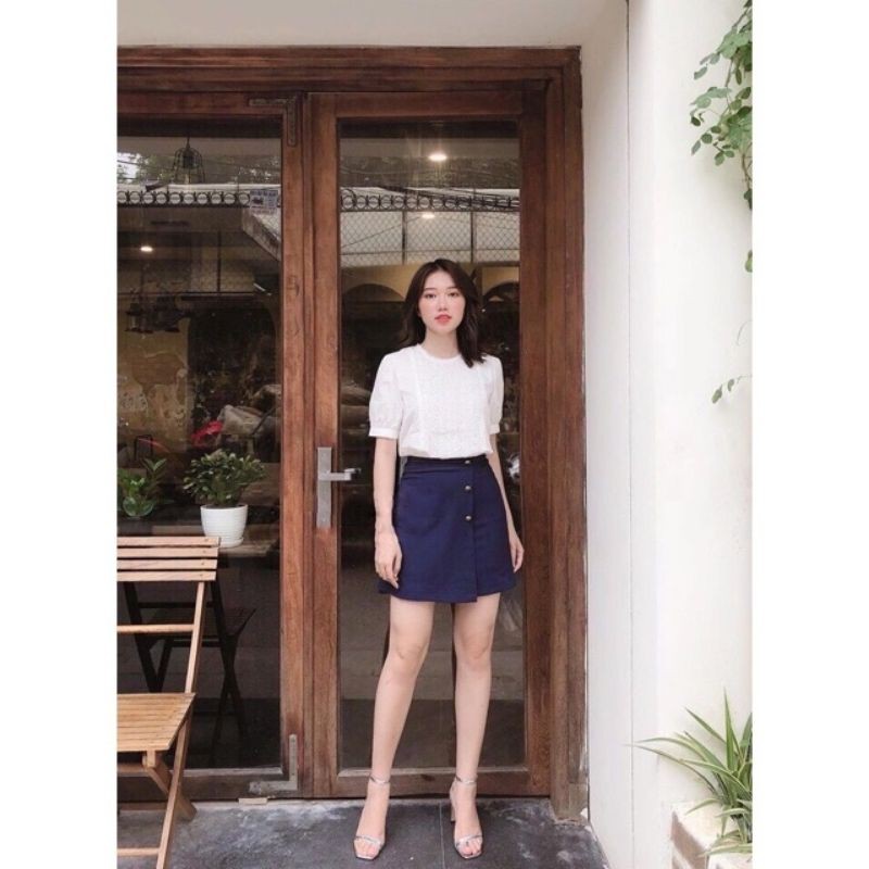 Quần giả váy kiểu chân váy chữ a phối cúc hoa 3 màu Đen - Xanh than - Kem - Chất tuyết mưa - Mặc đi làm đi chơi cực xinh | BigBuy360 - bigbuy360.vn