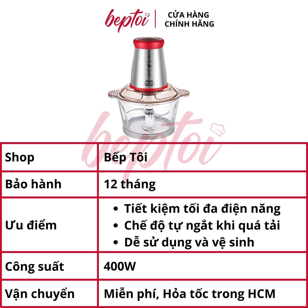 Máy xay thịt đa năng Ladomax, máy xay thịt cối thủy tinh, dao inox, công suất 400W HA-333
