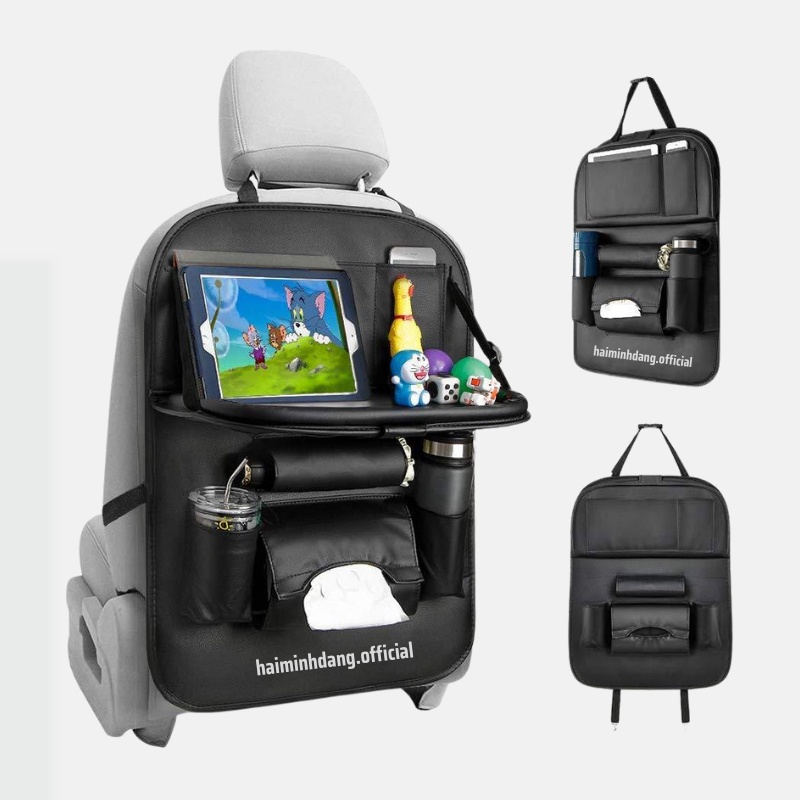 Túi da treo ghế sau ô tô có bàn cao cấp, túi để đồ đa năng, đựng đồ trên ô tô kiêm giá đỡ chất liệu da pu bền