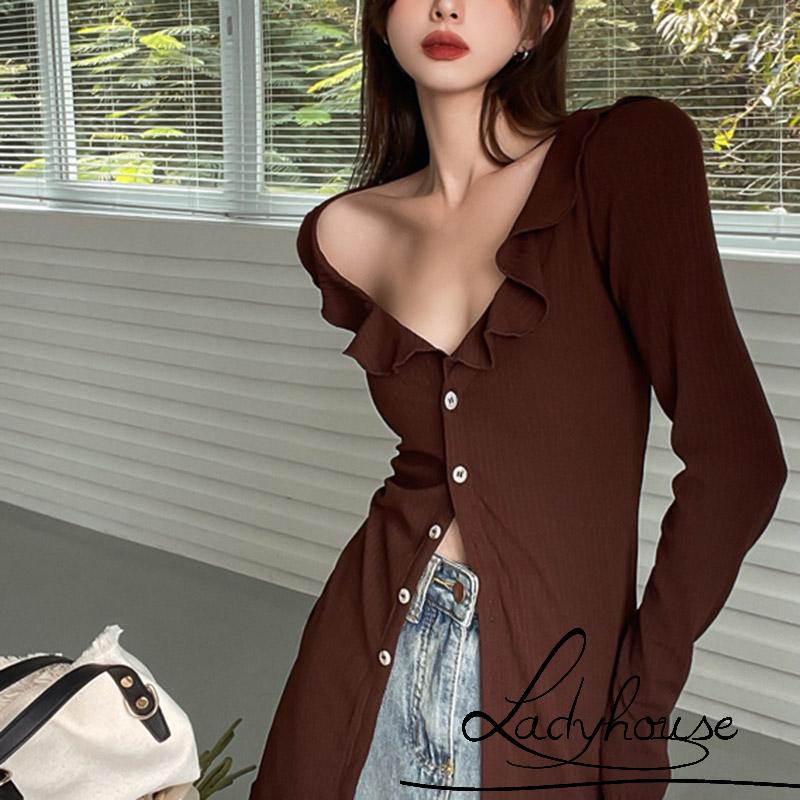 Áo Kiểu Cổ Chữ V Tay Dài Cài Khuy Màu Nâu Trơn Thời Trang Dành Cho Nữ