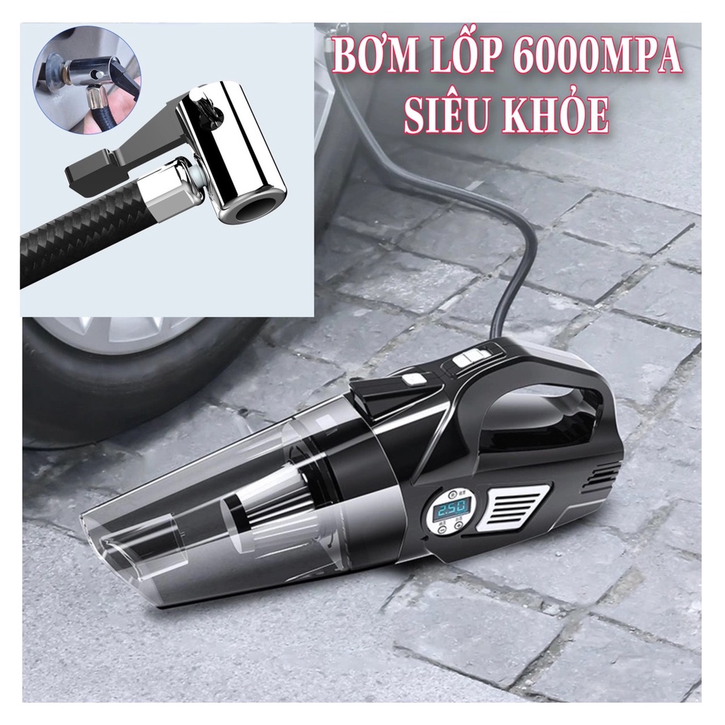 Máy bơm lốp kiêm hút bụi ô tô xe hơi công suất 120W có đồng hồ hiển thị áp suất lốp, đèn Led chiếu sáng 4 trong 1.