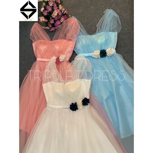 Đầm xoè dự tiệc rớt vai hoặc cổ V lưới siêu xinh TRIPBLE T DRESS -size M/L/XL - MS37V