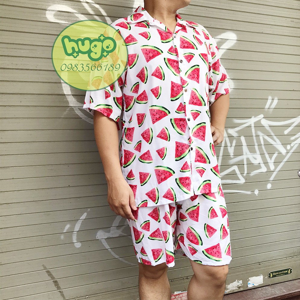 Áo sơ mi đi biển hoa quả thổ cẩm ☀️ may tại xưởng ☀️  Áo hoa quả nam nữ du lịch 40 - 80kg nhiều màu hot 2020 - Hugo shop | BigBuy360 - bigbuy360.vn