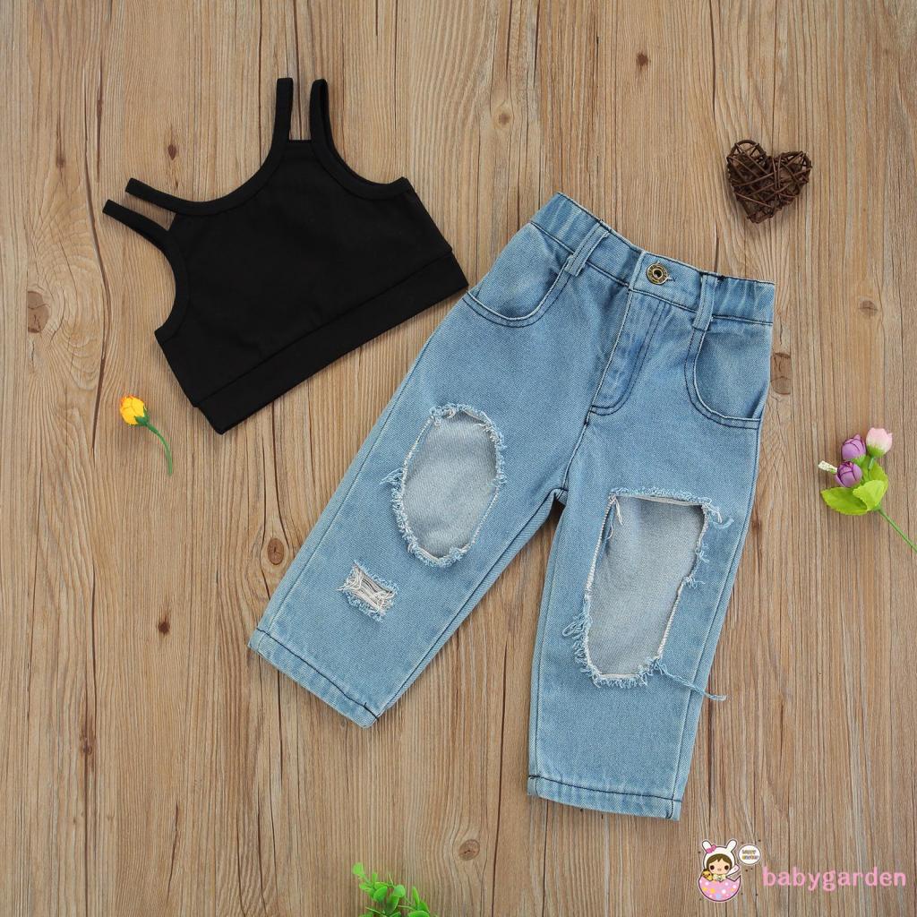 Set Áo hai dây + Quần Jeans Lưng Cao Thời Trang Mùa Hè Cho Bé Gái 1-7 Tuổi