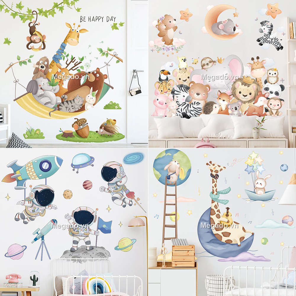 Decal dán tường trẻ em, con vật hoạt hình, con vật dán tường phòng cho bé [BL0021]