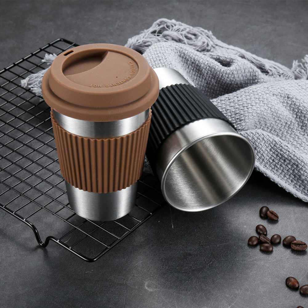 Cốc uống cà phê bằng inox nắp đậy bằng silicon có bọc chống trượt bỏng tiện lợi