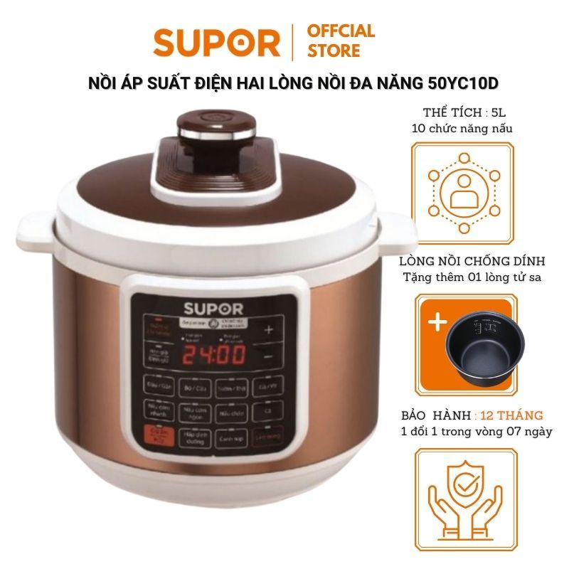 Nồi áp suất điện tử thông minh 5 lít Supor CYSB50YC10DVN-100 bảo hành 12 tháng hàng chính hãng tặng kèm một lòng nồi