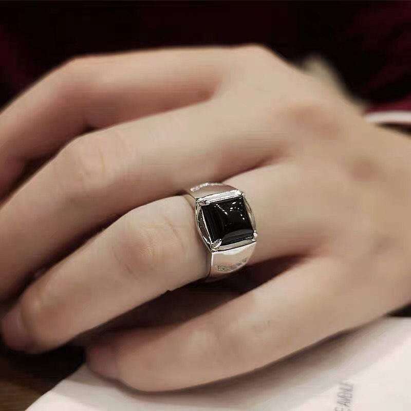 Nhẫn hở màu bạc đính đá quý vuông sang trọng có thể điều chỉnh phong cách Hàn Quốc