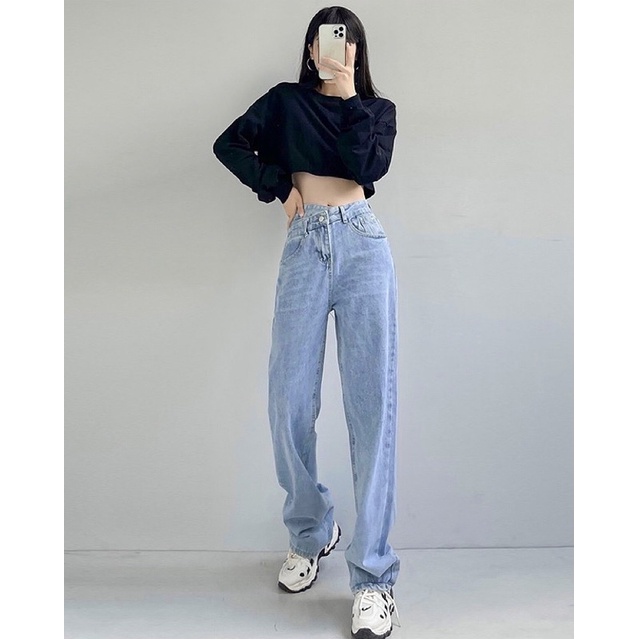 Quần Hazel Jeans Ống Suông Cạp Chéo