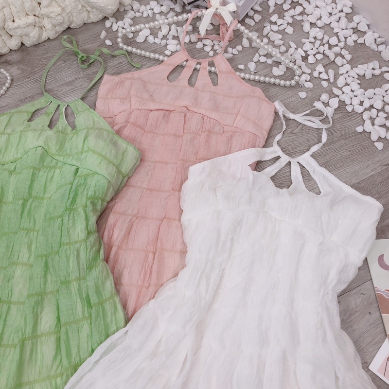 Váy cổ yếm dáng baby doll xoè chít eo 2 lớp Đầm kiểu