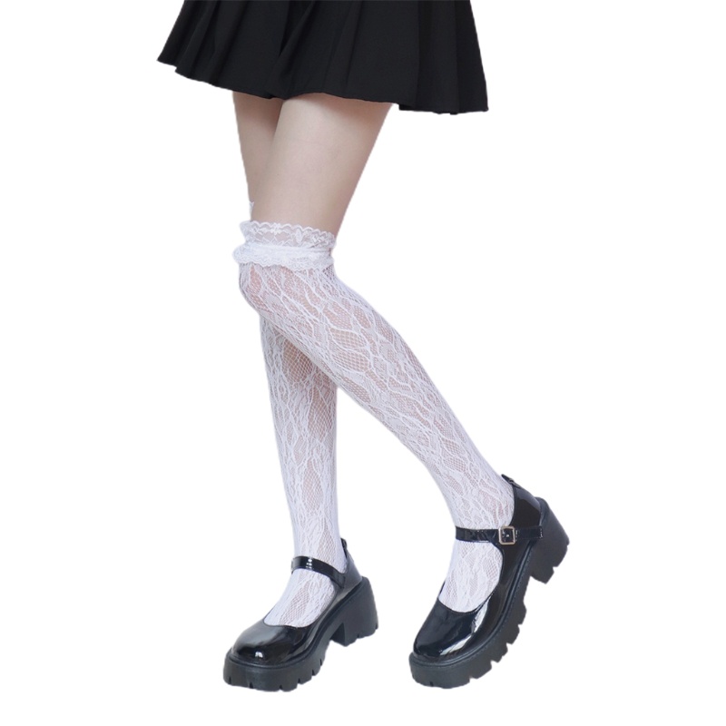 Đôi vớ cao ngang đùi vải lưới ren viền nhún bèo phong cách Lolita Nhật Bản ngọt ngào thời trang cho nữ