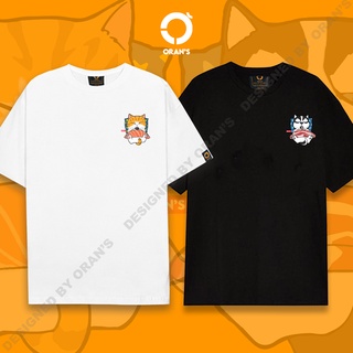 Áo thun đôi in hình nhỏ chó mèo nghịch điện thoại tay lỡ oversize chất cotton 4c, fullbox - oran's couple - orans 01