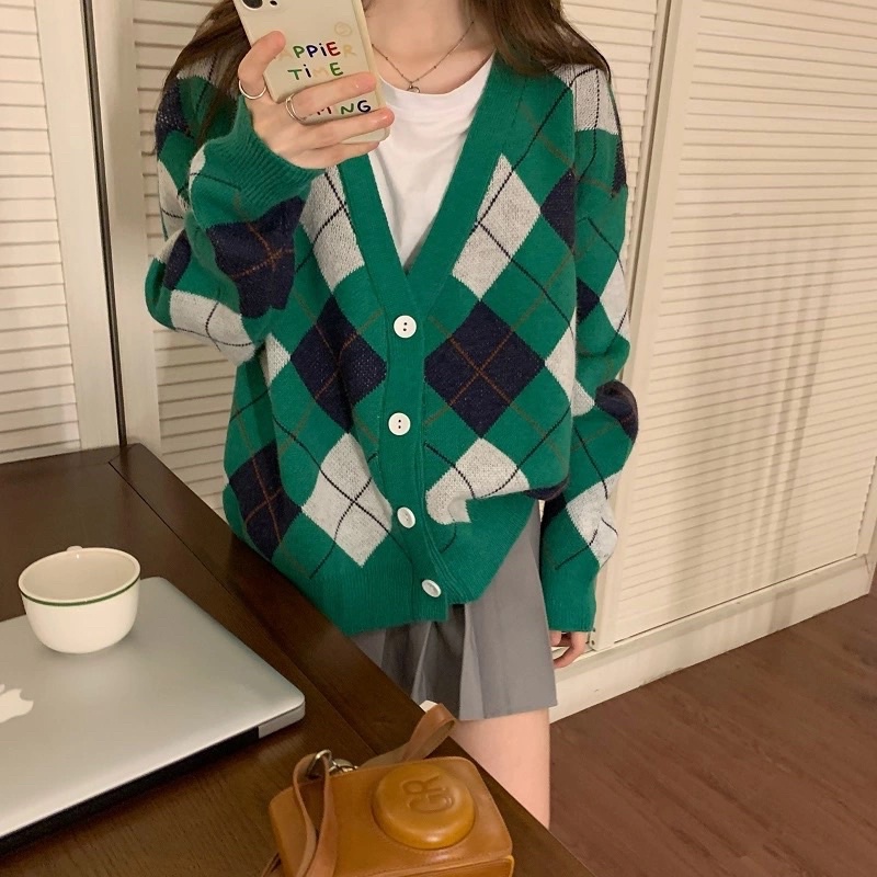 [ÁO CADIGAN CARO] Cardigan Nữ Dáng Rộng Kẻ Caro, Áo Choàng Dệt Kim Phong Cách Cổ Điển Hàn Quốc Cho Nữ