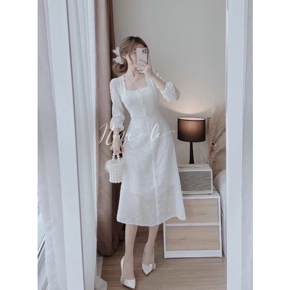 Đầm von trắng giọt nước  dài qua gối đi tiệc, đám cưới