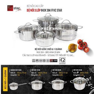 BỘ NỒI QUÁNH CAO CẤP INOX 304 FIVESTAR STANDARD 4 CHIẾC 3 LỚP ĐÁY LIỀN NẮP KÍNH,tặng 1 vá canh inox.hàng xuất khẩu