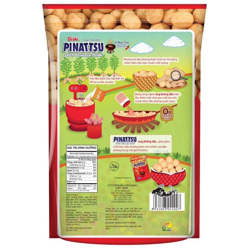 Combo 20 gói Oishi Snack Nhân Đậu Phộng Vị Mực Cay Pinattsu (90g/gói)