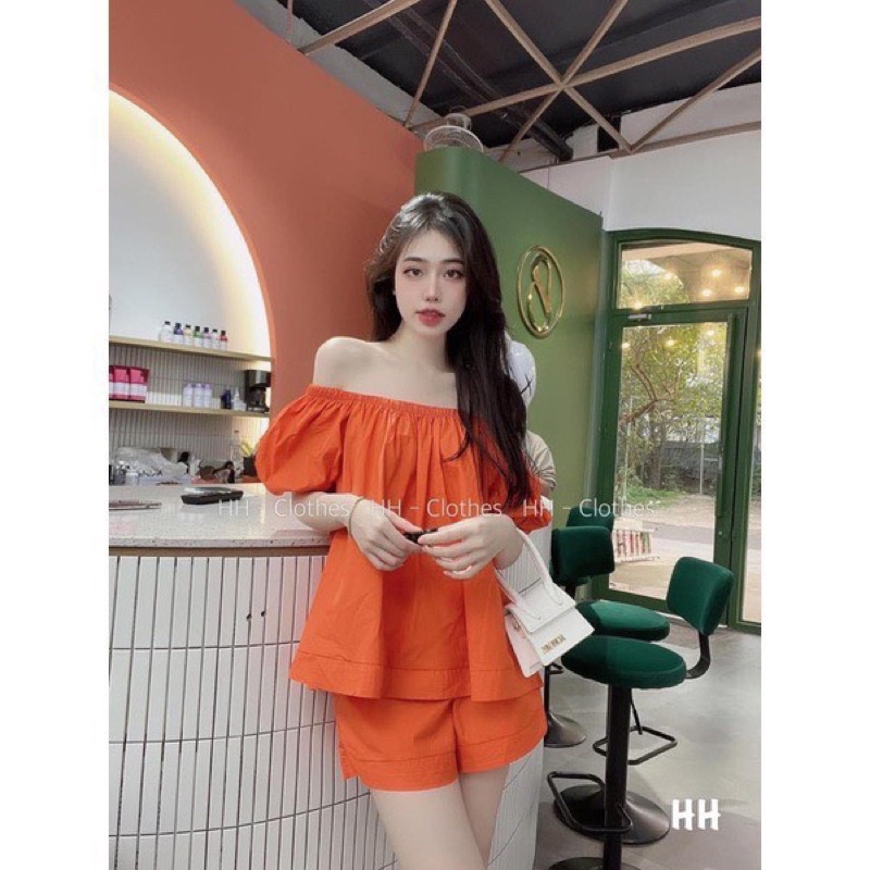 Sét bộ áo trễ vai tay bồng kèm quần sooc đùi 3 màu hồng cam đen siêu xinh chất kate xịn chuẩn ảnh
