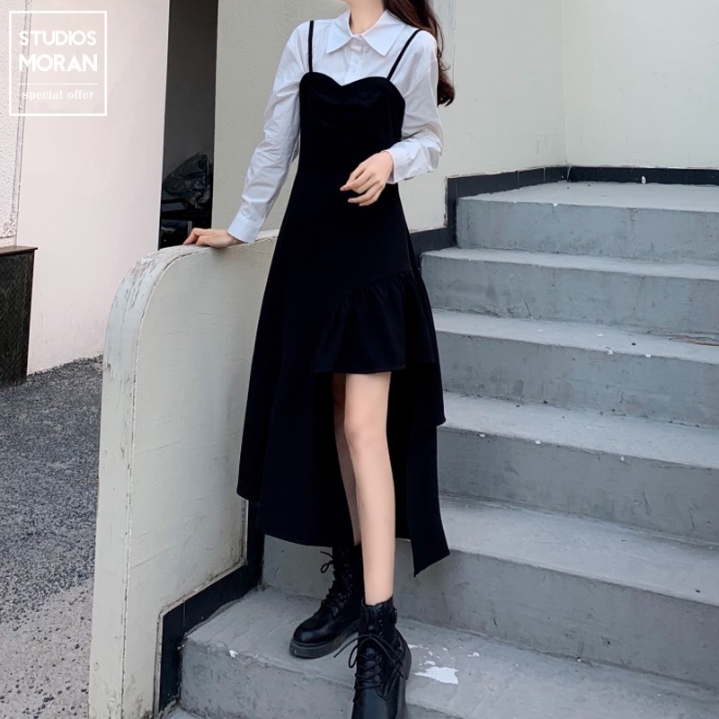 Váy yếm đen hai dây MORAN thiết kế vạt lệch quyến rũ cá tính Retro cô gái Pháp ngọt ngào (Loại 1)