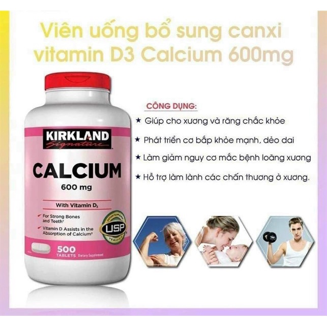 Viên Uống Bổ Sung Canxi Vitamin D3 - Kirkland Calcium 600mg With Vitamin D3 (500 Viên) - Chuẩn Sâm Korea