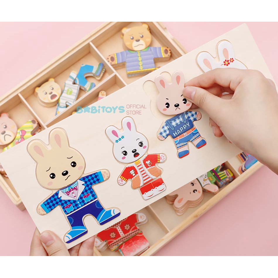 Bộ ghép hình phối đồ quần áo cho nhà Thỏ, nhà Gấu bằng gỗ, đồ chơi cho bé gái 2-6 tuổi tăng khả năng sáng tạo