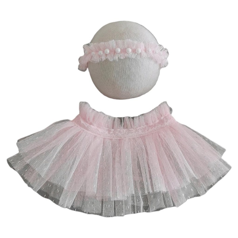 Set Băng Đô Và Chân Váy Ren Đính Ngọc Trai Dùng Làm Phụ Kiện Chụp Ảnh Cho Bé Sơ Sinh