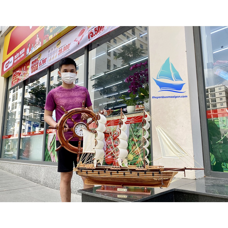 Thuyền gỗ phong thủy Napoleon dài 80cm gỗ tự nhiên, mô hình thuyền buồm trang trí, quà tặng khai trương tân gia