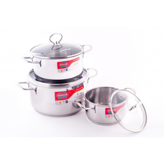 Bộ nồi inox 5 đáy Sunhouse Mama SH888 – 3 nồi (16/20/24 cm), đáy từ, quai đũa tinh tế