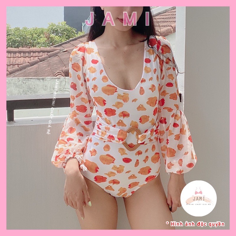 BIKINI đồ bơi nữ bodysuit CAO CẤP VOAN PHỐI KHUYÊN EO SANG CHẢNH CHẤM BI CAM - MOM300