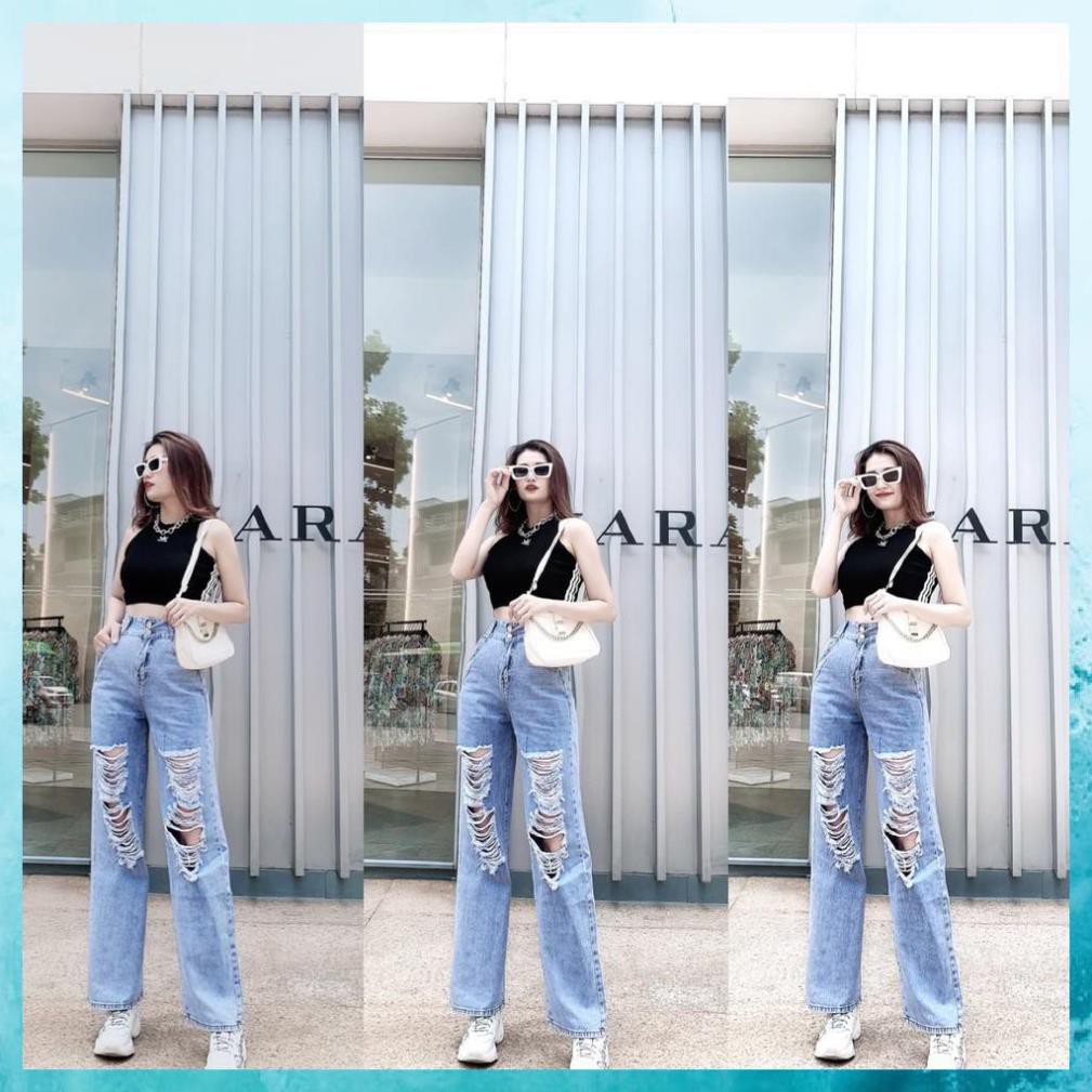 [TH Jeans] Quần bò dài rách dáng suông, quần jeans lưng cao túi chéo 2 khuy. Mã D3160