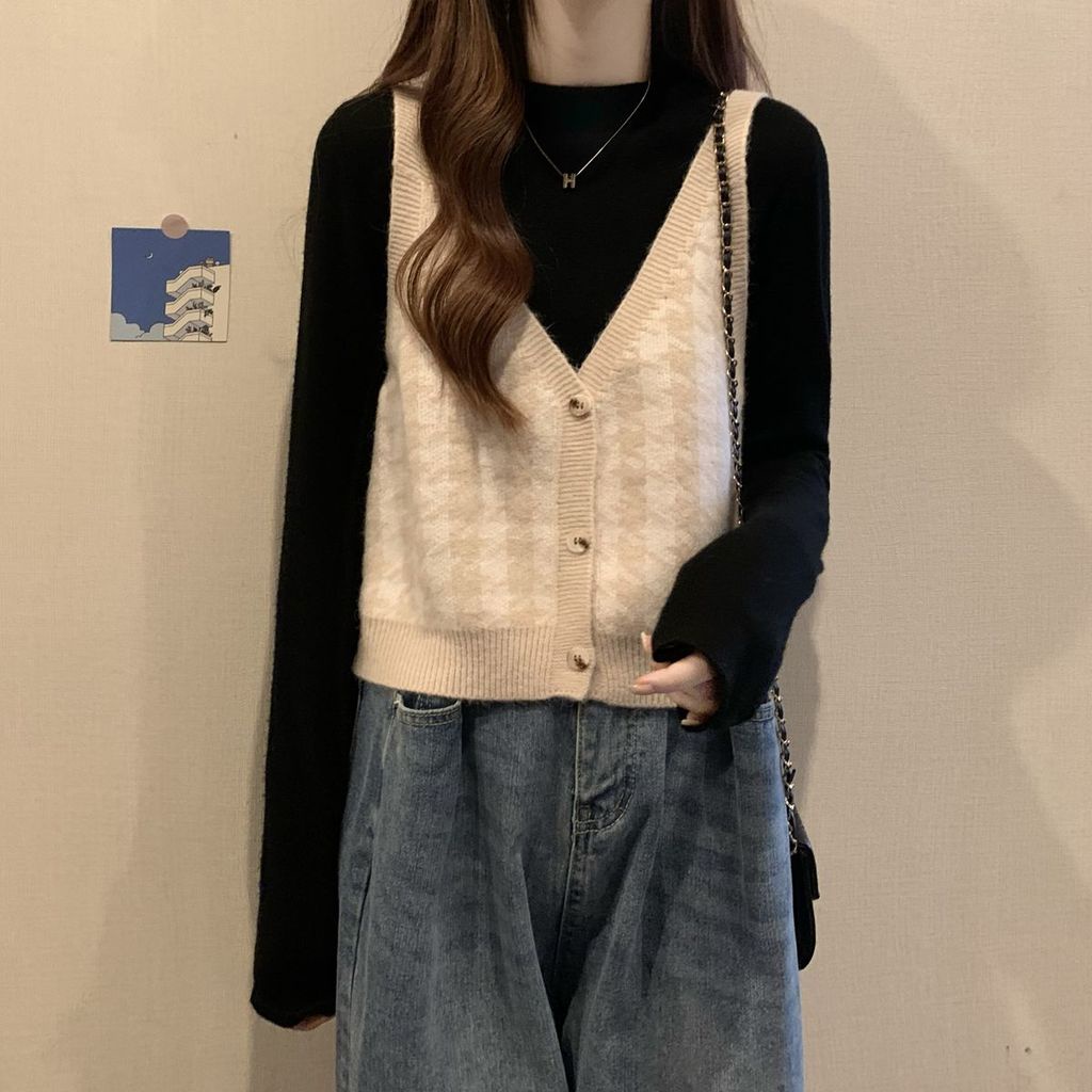 Áo Sweater Dệt Kim Không Tay Màu Sắc Tương Phản Phong Cách Hàn Quốc Cho Nữ