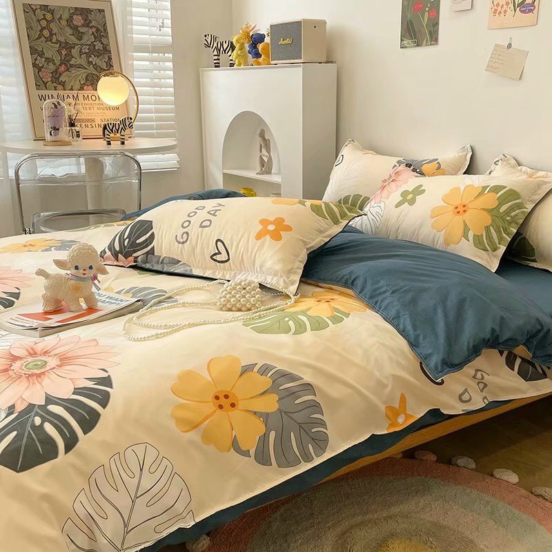 Bộ chăn ga gối Cotton Poly Boss Decor Hoa good day, vỏ chăn mền, drap giường và 2 vỏ gối