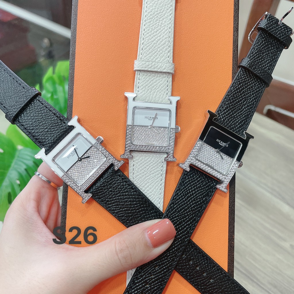 Đồng Hồ Nữ Heure H_Herme Mặt Đính Đá , Máy Pin , Dây Da , Size 26mm
