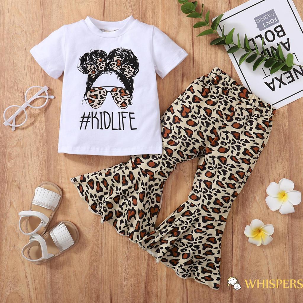 Set áo thun tay ngắn cổ tròn in chữ + quần dài ống loe họa tiết da báo thời trang cho bé gái